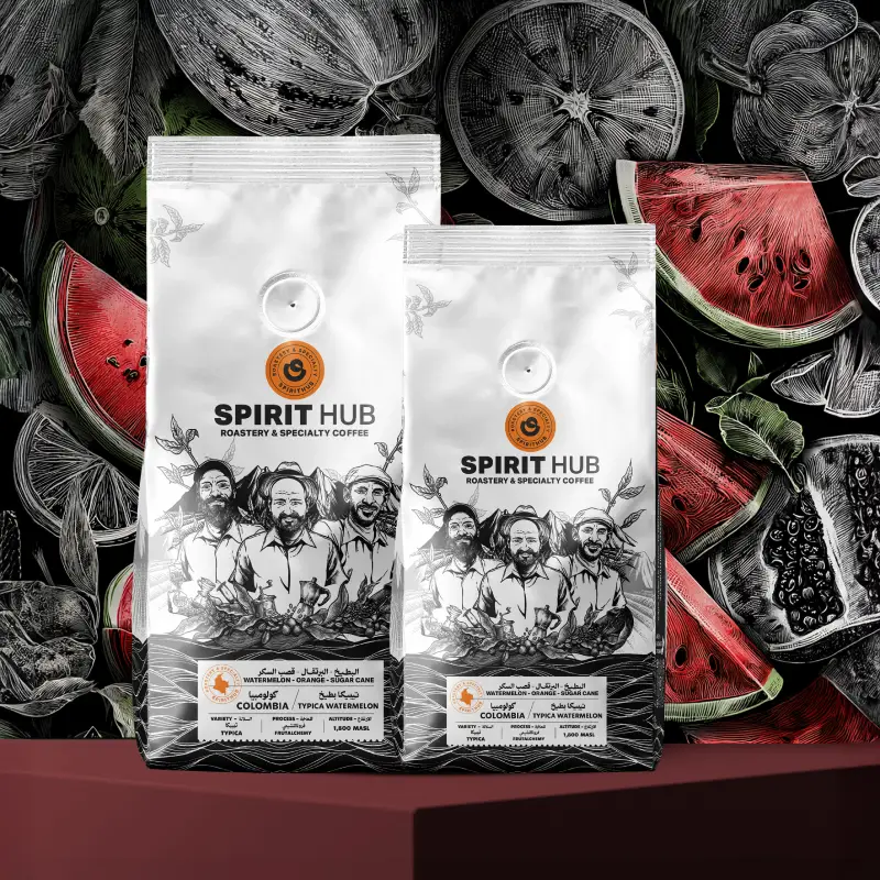 Colombia Typica Watermelon – Frutalchemy process coffee by SpiritHub Roastery, notes of watermelon, orange, and sugar cane from Huila, Colombia.