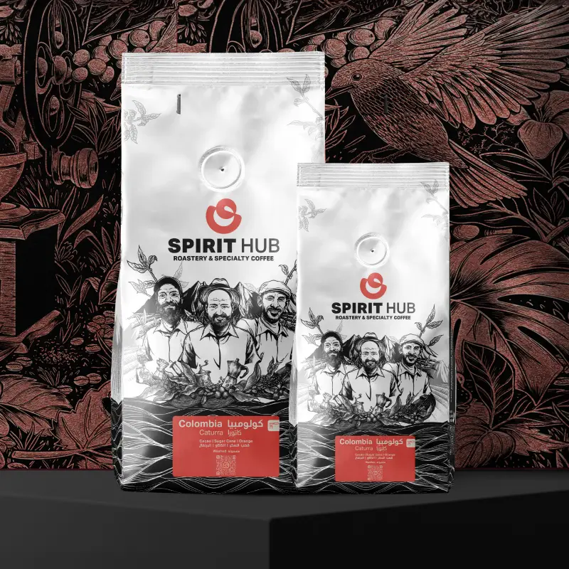 Decaf Colombia Swiss Water filter coffee by SpiritHub Roastery with chocolate, green apple, and gentle sweetness.