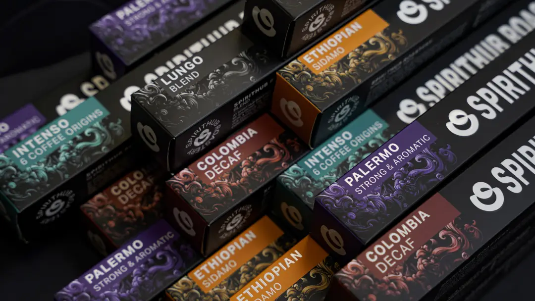SpiritHub specialty coffee capsules in premium packaging for espresso and milk-based coffee machines